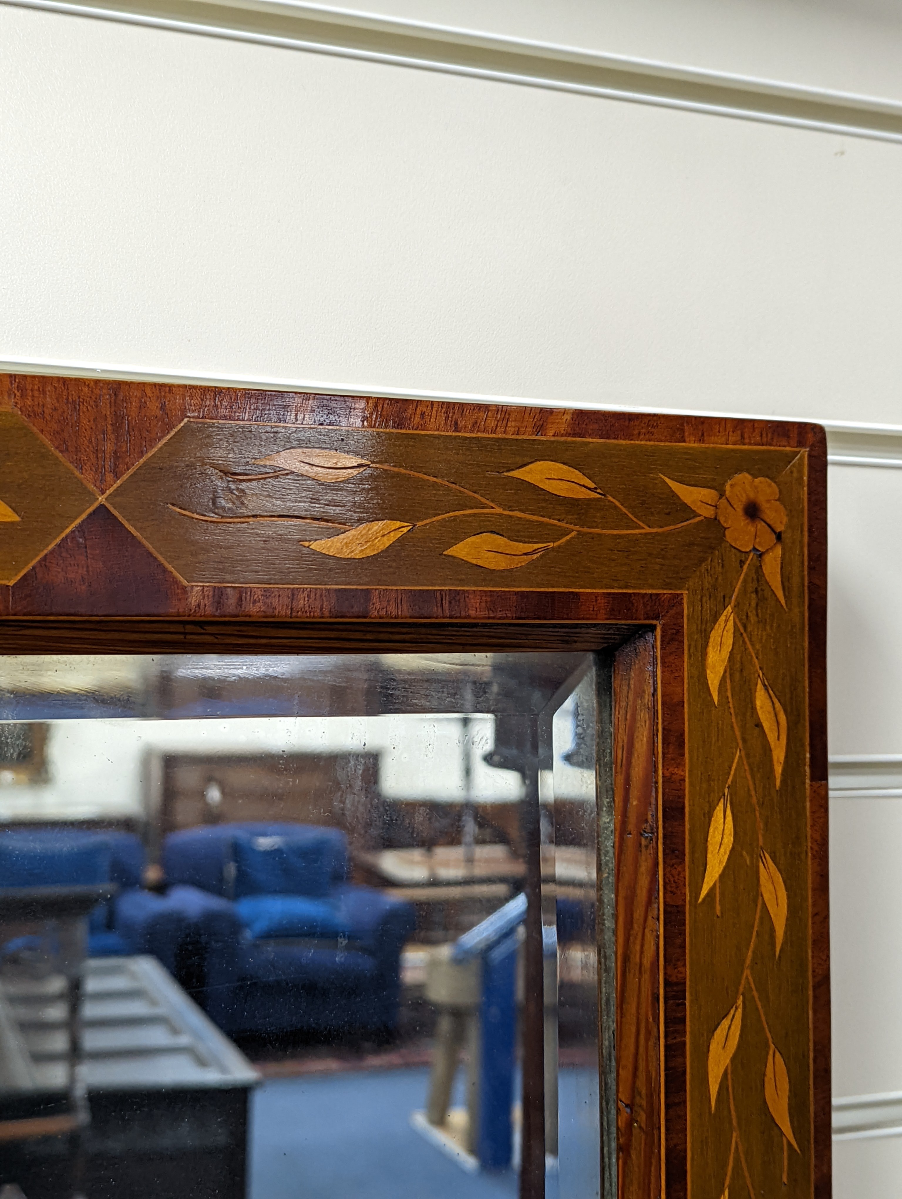 A Dutch floral rectangular marquetry and mahogany mirror, width 50cm, height 62cm